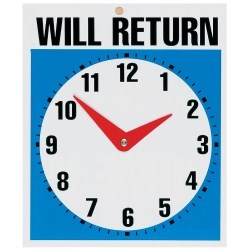 HEADLINE CLOCK SIGN 190X230mm Will Return